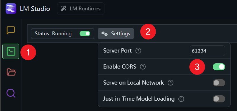 LM Studio CORS 配置截图