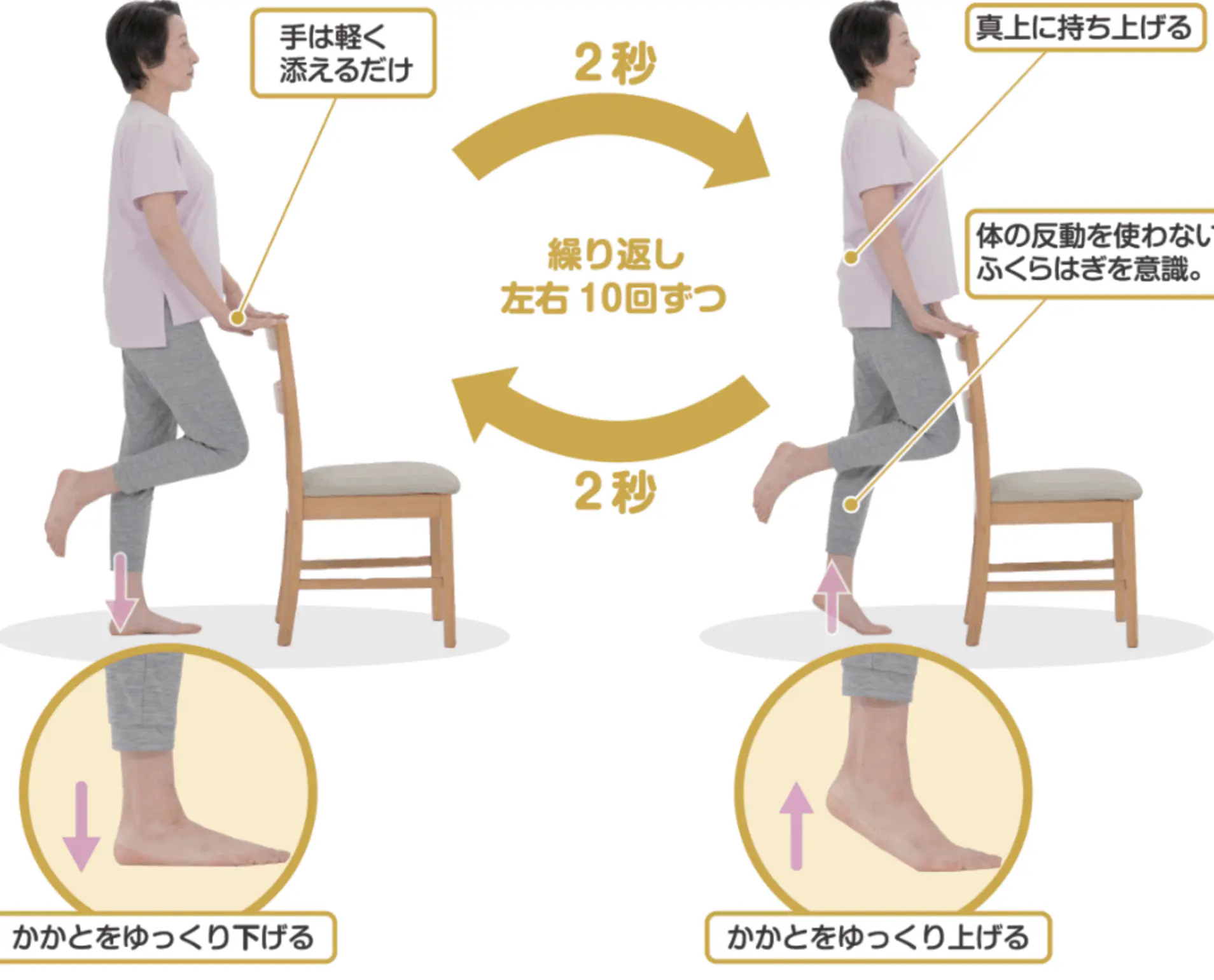 动作④:踮脚练小腿(扶椅提踵示范)