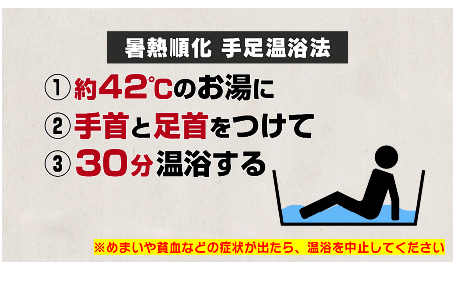 42℃ 手足温浴：把手腕和脚踝浸入热水，温浴 30 分钟